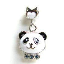Rhodium on 925 Sterling Silver Lovely Black and White Enamel Panda w/ Love Blue CZ Dangle Bead for European Charm Bracelets