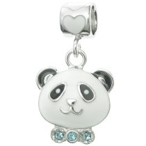 Rhodium on 925 Sterling Silver Lovely Black and White Enamel Panda w/ Love Blue CZ Dangle Bead for European Charm Bracelets