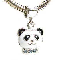 Rhodium on 925 Sterling Silver Lovely Black and White Enamel Panda w/ Love Blue CZ Dangle Bead for European Charm Bracelets