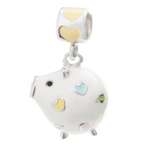 Rhodium on 925 Sterling Silver Lovely Pig Enamel Bead for European Charm Bracelets