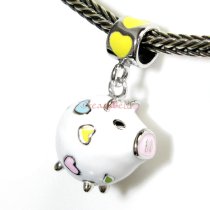 Rhodium on 925 Sterling Silver Lovely Pig Enamel Bead for European Charm Bracelets