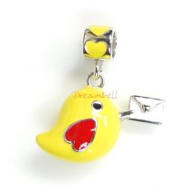 Rhodium on 925 Sterling Silver Lovely Yellow Bird Mail Carrier Enamel Bead for European Charm Bracelets