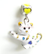 Rhodium on 925 Sterling Silver Lovely White Cat w/ Heart Enamel Dangle Bead for European Charm Bracelets