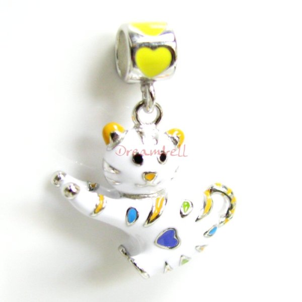 Rhodium on 925 Sterling Silver Lovely White Cat w/ Heart Enamel Dangle Bead for European Charm Bracelets
