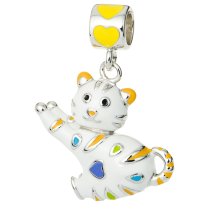 Rhodium on 925 Sterling Silver Lovely White Cat w/ Heart Enamel Dangle Bead for European Charm Bracelets