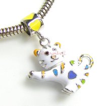 Rhodium on 925 Sterling Silver Lovely White Cat w/ Heart Enamel Dangle Bead for European Charm Bracelets