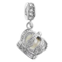 925 Sterling Silver Crown White Fresh Water Pearl Clear CZ Crystal Dangle Bead for European Charm Bracelets