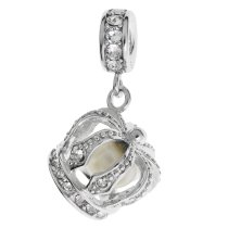 925 Sterling Silver Crown White Fresh Water Pearl Clear CZ Crystal Dangle Bead for European Charm Bracelets
