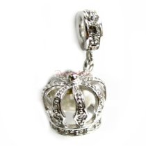 925 Sterling Silver Crown White Fresh Water Pearl Clear CZ Crystal Dangle Bead for European Charm Bracelets