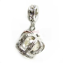 925 Sterling Silver Crown White Fresh Water Pearl Clear CZ Crystal Dangle Bead for European Charm Bracelets