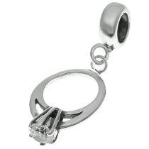 Sterling Silver Engagement Ring Clear CZ Crystal Dangle Bead for European Charm Bracelets