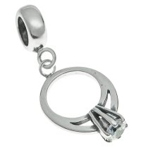 Sterling Silver Engagement Ring Clear CZ Crystal Dangle Bead for European Charm Bracelets