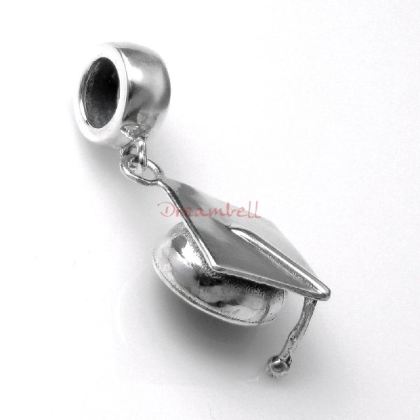Antique 925 Sterling Silver Graduation Cap Hat Dangle Bead for European Charm Bracelets