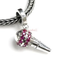 Antique 925 Sterling Silver Microphone with Dark Pink CZ Dangle Bead for European Charm Bracelets