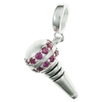 Antique 925 Sterling Silver Microphone with Dark Pink CZ Dangle Bead for European Charm Bracelets