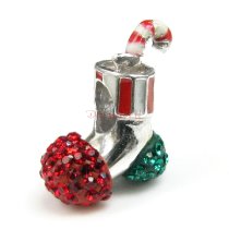 Sterling Silver Christmas Gift Sock Stocking Candy Cane w/ Red Green Crystal Bead for European Charm Bracelets