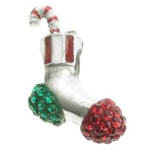Sterling Silver Christmas Gift Sock Stocking Candy Cane w/ Red Green Crystal Bead for European Charm Bracelets