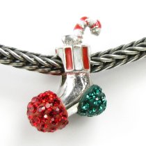 Sterling Silver Christmas Gift Sock Stocking Candy Cane w/ Red Green Crystal Bead for European Charm Bracelets