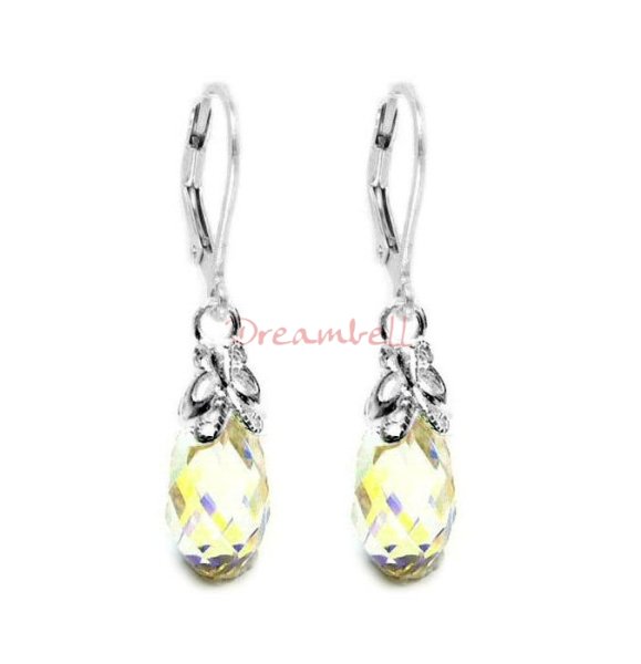 2x Sterling Silver Teardrop Briolette Clear AB Crystals Leverback Dangle Earrings Using Swarovski Elements
