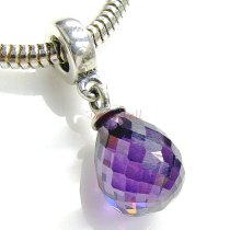 Antique 925 Sterling Silver Teardropviolet Zircon Stone Dangle Bead for European Charm Bracelets