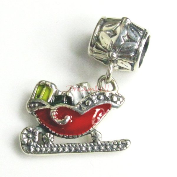 Antique 925 Sterling Silver Santas Sleigh Christmas Red & Green Enamel Dangle Bead for European Charm Bracelets
