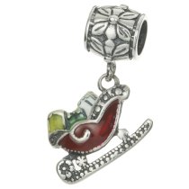 Antique 925 Sterling Silver Santas Sleigh Christmas Red & Green Enamel Dangle Bead for European Charm Bracelets