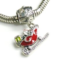 Antique 925 Sterling Silver Santas Sleigh Christmas Red & Green Enamel Dangle Bead for European Charm Bracelets