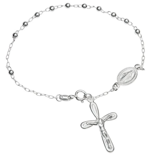 1x 925 Sterling Silver Jesus Christ Crucifix Cross Mother Mary 3mm Ball Rosary Bracelet 7.5 Inches