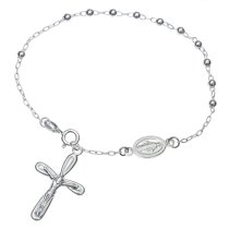 1x 925 Sterling Silver Jesus Christ Crucifix Cross Mother Mary 3mm Ball Rosary Bracelet 7.5 Inches