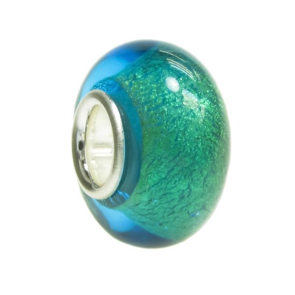 925 Sterling Silver Round Wheel Gold Tone Foil Blue Glass Bead for European Charm Bracelets 13mm