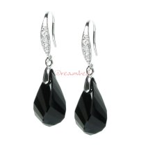2x Sterling Silver Helix Jet Black Crystal Pentant w/ Ear Hook Earwires Dangle Earrings Using Swarovski Elements Crystal