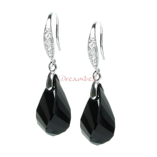 2x Sterling Silver Helix Jet Black Crystal Pentant w/ Ear Hook Earwires Dangle Earrings Using Swarovski Elements Crystal