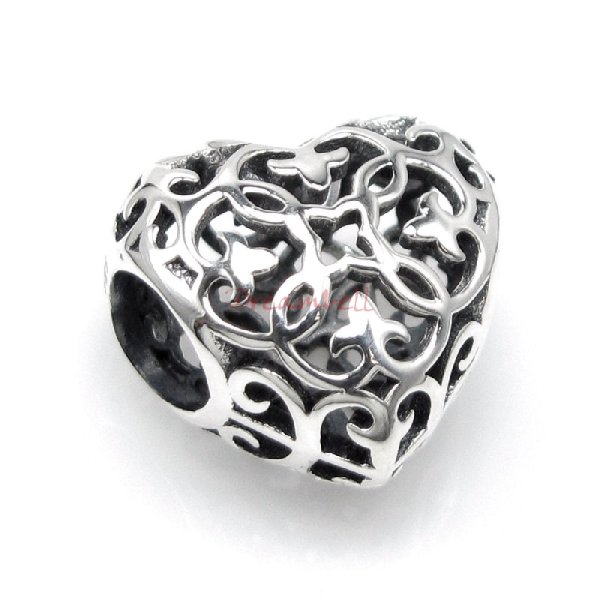 1x Antique 925 Sterling Silver Ethnic Filigree Heart Bead for European Charm Bracelets