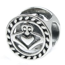 1x Antique 925 Sterling Silver Round Claddagh Celtic Heart w/ Love Bead for European Charm Bracelets