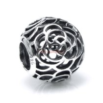 1x Antique 925 Sterling Silver Round Ethnic Rose Flower Bead for European Charm Bracelets