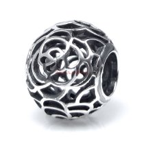 1x Antique 925 Sterling Silver Round Ethnic Rose Flower Bead for European Charm Bracelets