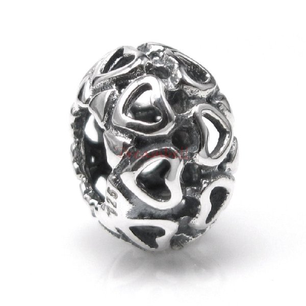 1x Antique 925 Sterling Silver Round Hearts Bead for European Charm Bracelets