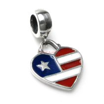 1x Antique 925 Sterling Silver Heart Flag Enamel Dangle Bead for European Charm Bracelets