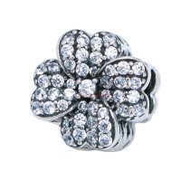 Sterling Silver Four Leaf Clover Lucky Clear CZ Crystal Bead for European Charm Bracelets