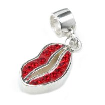 1x Sterling Silver Red Crystal Lips Dangle Bead for European Charm Bracelets