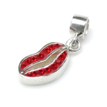 1x Sterling Silver Red Crystal Lips Dangle Bead for European Charm Bracelets