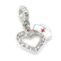 1x Antique 925 Sterling Silver Heart CZ Crystal Nurses Cap Enamel Dangle Bead for European Charm Bracelets