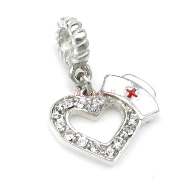 1x Antique 925 Sterling Silver Heart CZ Crystal Nurses Cap Enamel Dangle Bead for European Charm Bracelets