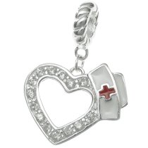1x Antique 925 Sterling Silver Heart CZ Crystal Nurses Cap Enamel Dangle Bead for European Charm Bracelets