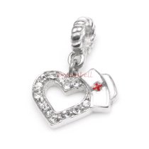 1x Antique 925 Sterling Silver Heart CZ Crystal Nurses Cap Enamel Dangle Bead for European Charm Bracelets