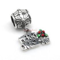1x Antique 925 Sterling Silver Merry Christmas Red & Green Enamel Flower Dangle Bead for European Charm Bracelets