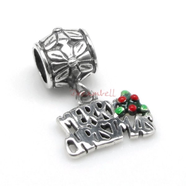 1x Antique 925 Sterling Silver Merry Christmas Red & Green Enamel Flower Dangle Bead for European Charm Bracelets