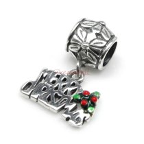 1x Antique 925 Sterling Silver Merry Christmas Red & Green Enamel Flower Dangle Bead for European Charm Bracelets