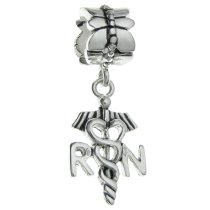 1x Antique 925 Sterling Silver Registered Nurse Logo Symbol Flower Dangle Bead for European Charm Bracelets