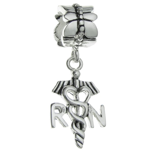 1x Antique 925 Sterling Silver Registered Nurse Logo Symbol Flower Dangle Bead for European Charm Bracelets